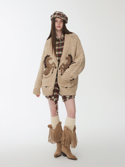 Vintage Coarse Weave Pony Jacquard Horn Buckle Large Cardigan Lapel Loose Sweater Coat【s0000014595】