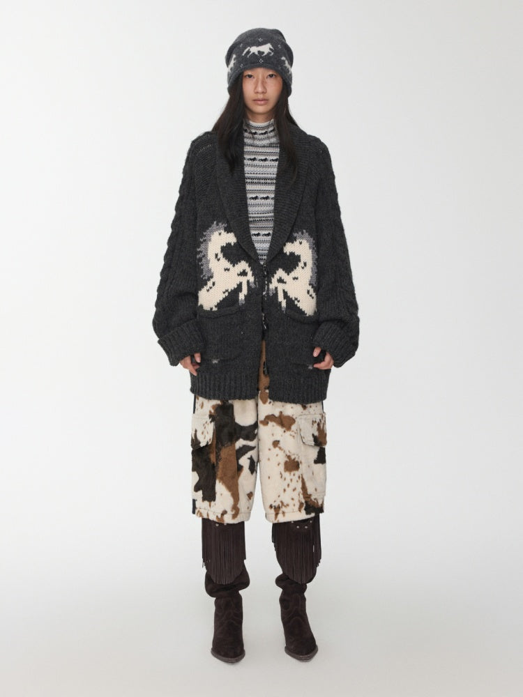 Vintage Coarse Weave Pony Jacquard Horn Buckle Large Cardigan Lapel Loose Sweater Coat【s0000014595】