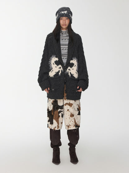 Vintage Coarse Weave Pony Jacquard Horn Buckle Large Cardigan Lapel Loose Sweater Coat【s0000014595】