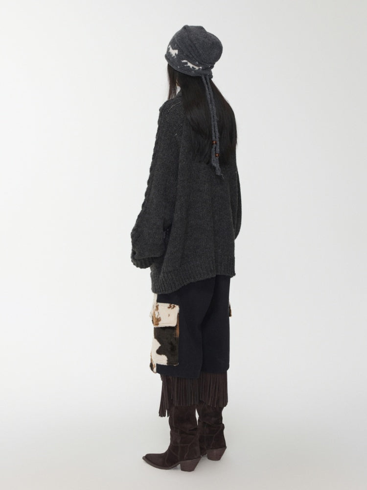 Vintage Coarse Weave Pony Jacquard Horn Buckle Large Cardigan Lapel Loose Sweater Coat【s0000014595】