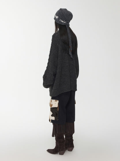 Vintage Coarse Weave Pony Jacquard Horn Buckle Large Cardigan Lapel Loose Sweater Coat【s0000014595】