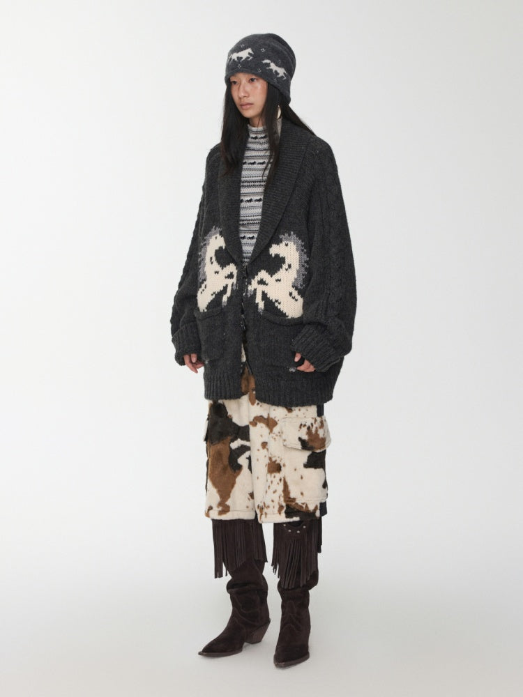 Vintage Coarse Weave Pony Jacquard Horn Buckle Large Cardigan Lapel Loose Sweater Coat【s0000014595】