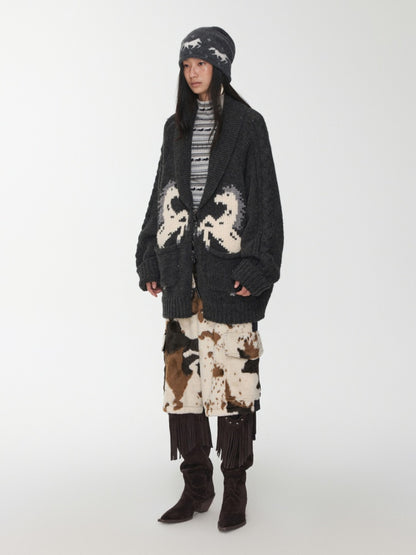 Vintage Coarse Weave Pony Jacquard Horn Buckle Large Cardigan Lapel Loose Sweater Coat【s0000014595】