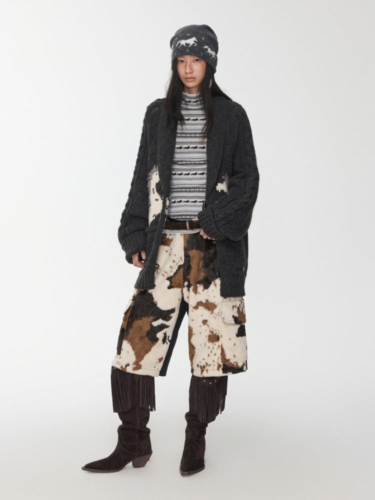 Vintage Coarse Weave Pony Jacquard Horn Buckle Large Cardigan Lapel Loose Sweater Coat【s0000014595】