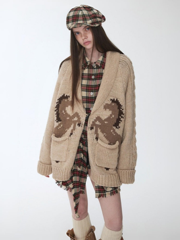 Vintage Coarse Weave Pony Jacquard Horn Buckle Large Cardigan Lapel Loose Sweater Coat【s0000014595】