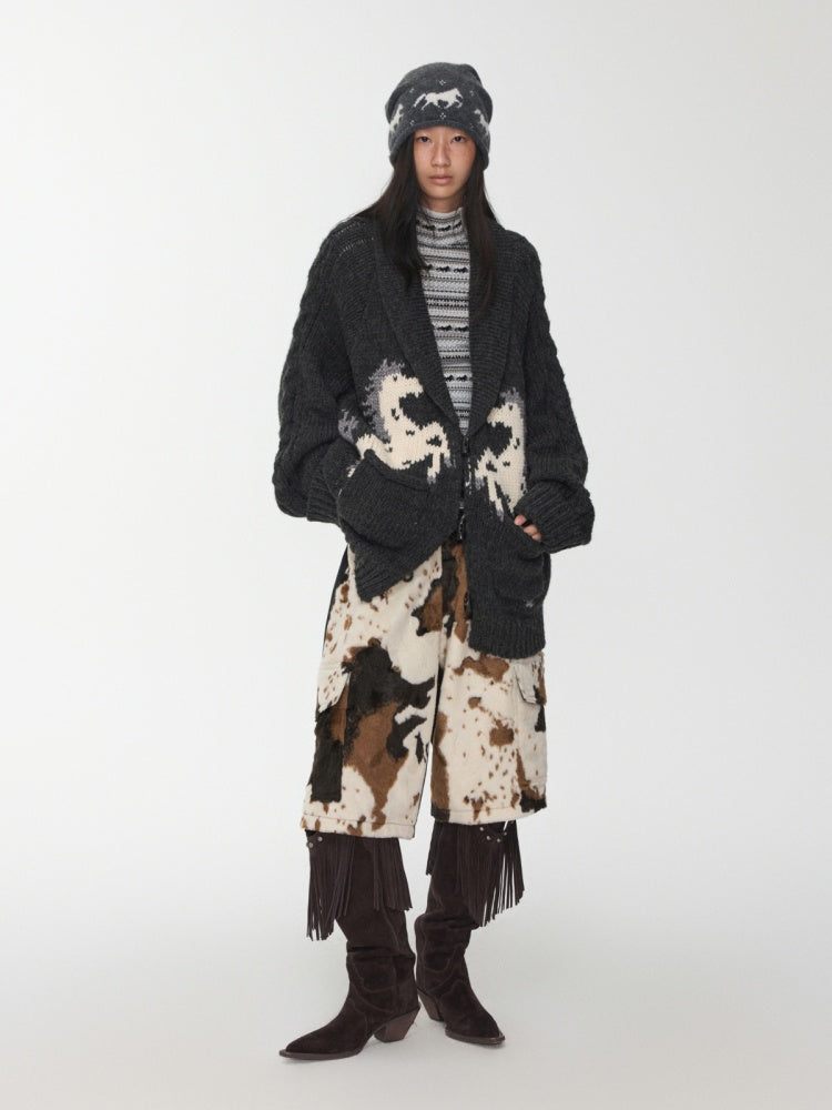 Vintage Coarse Weave Pony Jacquard Horn Buckle Large Cardigan Lapel Loose Sweater Coat【s0000014595】