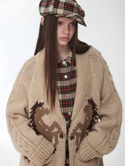Vintage Coarse Weave Pony Jacquard Horn Buckle Large Cardigan Lapel Loose Sweater Coat【s0000014595】
