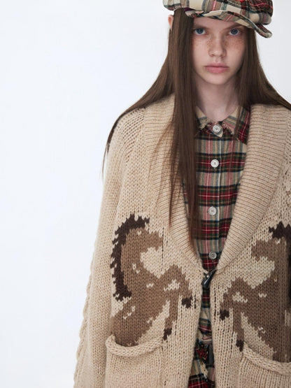 Vintage Coarse Weave Pony Jacquard Horn Buckle Large Cardigan Lapel Loose Sweater Coat【s0000014595】