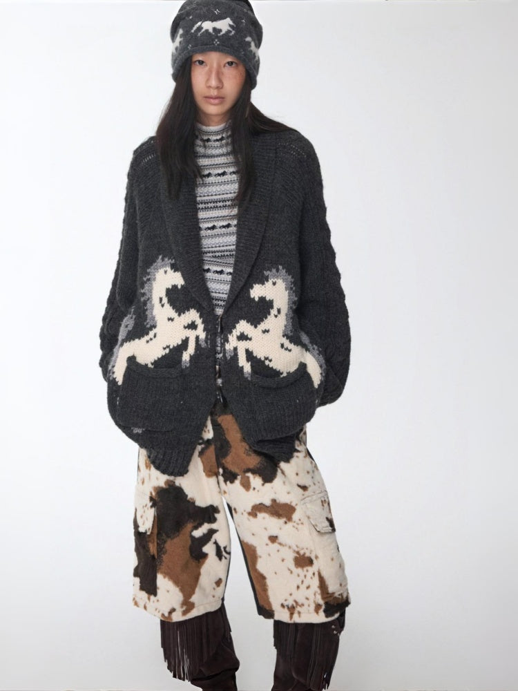 Vintage Coarse Weave Pony Jacquard Horn Buckle Large Cardigan Lapel Loose Sweater Coat【s0000014595】