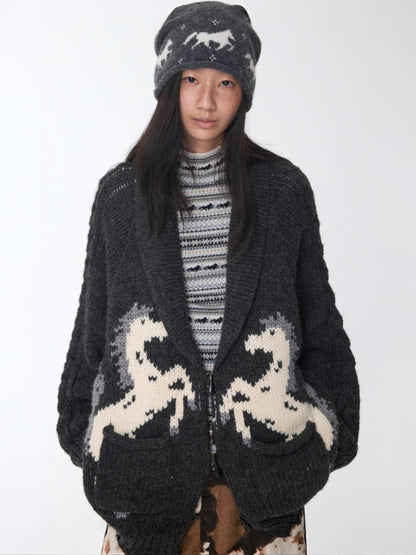 Vintage Coarse Weave Pony Jacquard Horn Buckle Large Cardigan Lapel Loose Sweater Coat【s0000014595】