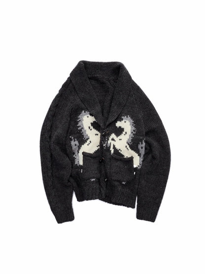 Vintage Coarse Weave Pony Jacquard Horn Buckle Large Cardigan Lapel Loose Sweater Coat【s0000014595】