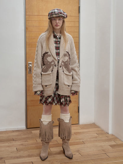 Vintage Coarse Weave Pony Jacquard Horn Buckle Large Cardigan Lapel Loose Sweater Coat【s0000014595】