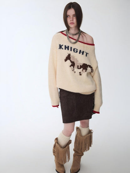 Fair Isle Iceland Wool Jacquard Slanted Shoulder Rough Big Sweater Loose Lazy Knitwear【s0000014596】