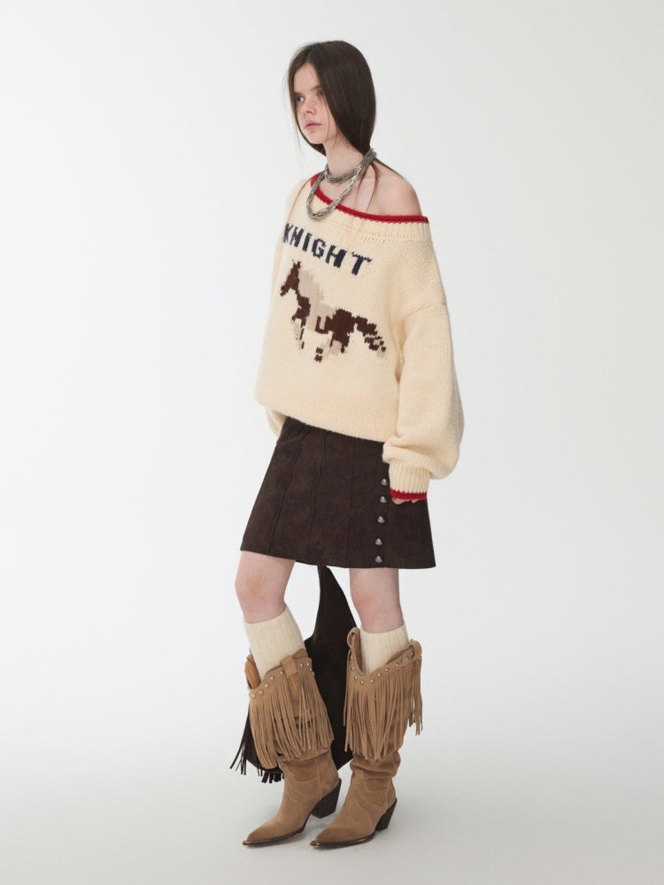 Fair Isle Iceland Wool Jacquard Slanted Shoulder Rough Big Sweater Loose Lazy Knitwear【s0000014596】