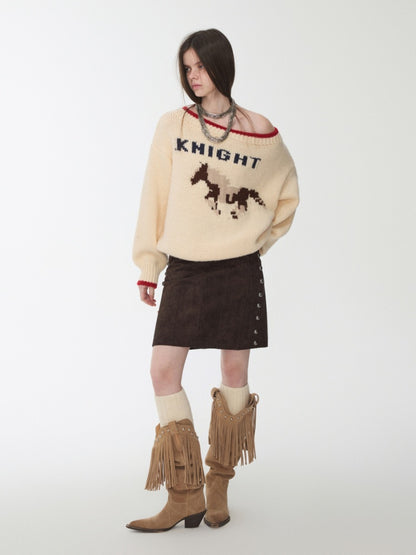Fair Isle Iceland Wool Jacquard Slanted Shoulder Rough Big Sweater Loose Lazy Knitwear【s0000014596】