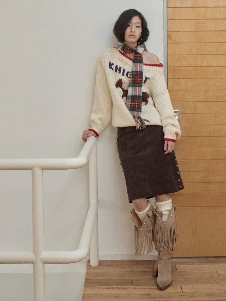 Fair Isle Iceland Wool Jacquard Slanted Shoulder Rough Big Sweater Loose Lazy Knitwear【s0000014596】