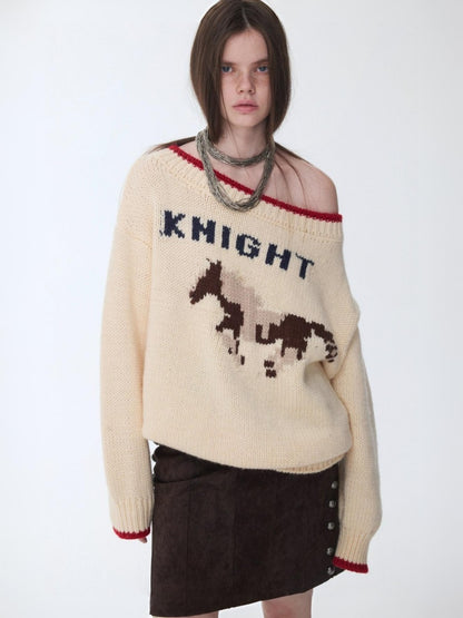 Fair Isle Iceland Wool Jacquard Slanted Shoulder Rough Big Sweater Loose Lazy Knitwear【s0000014596】