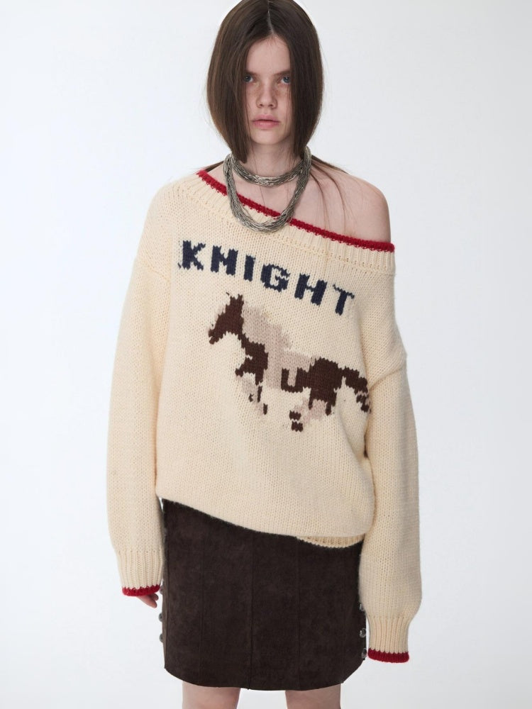 Fair Isle Iceland Wool Jacquard Slanted Shoulder Rough Big Sweater Loose Lazy Knitwear【s0000014596】