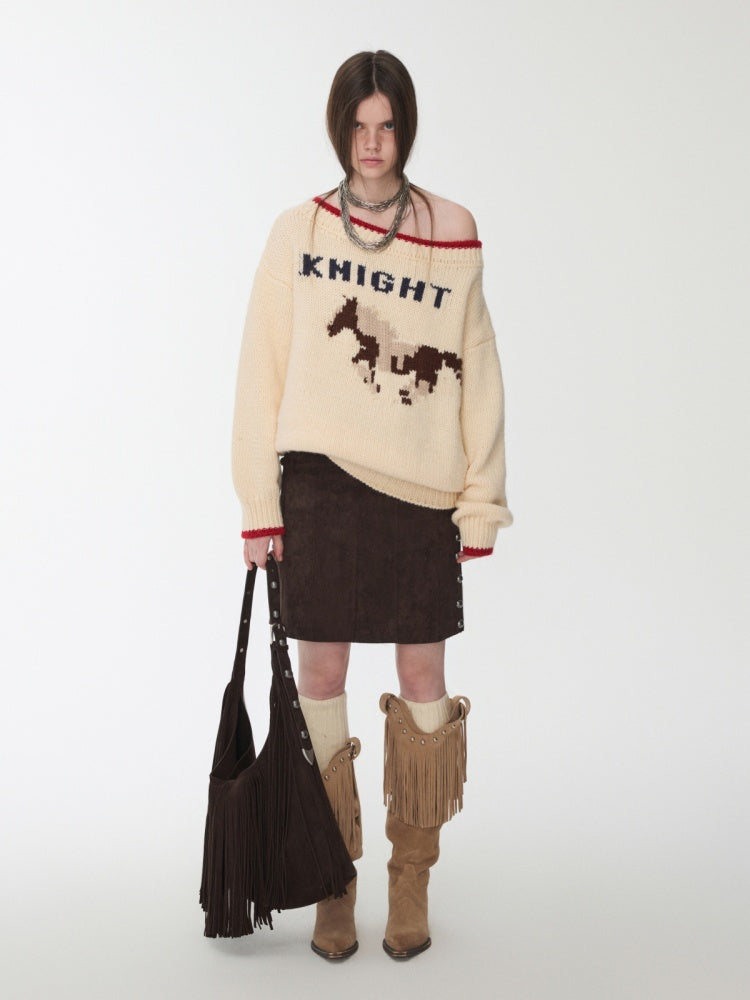 Fair Isle Iceland Wool Jacquard Slanted Shoulder Rough Big Sweater Loose Lazy Knitwear【s0000014596】