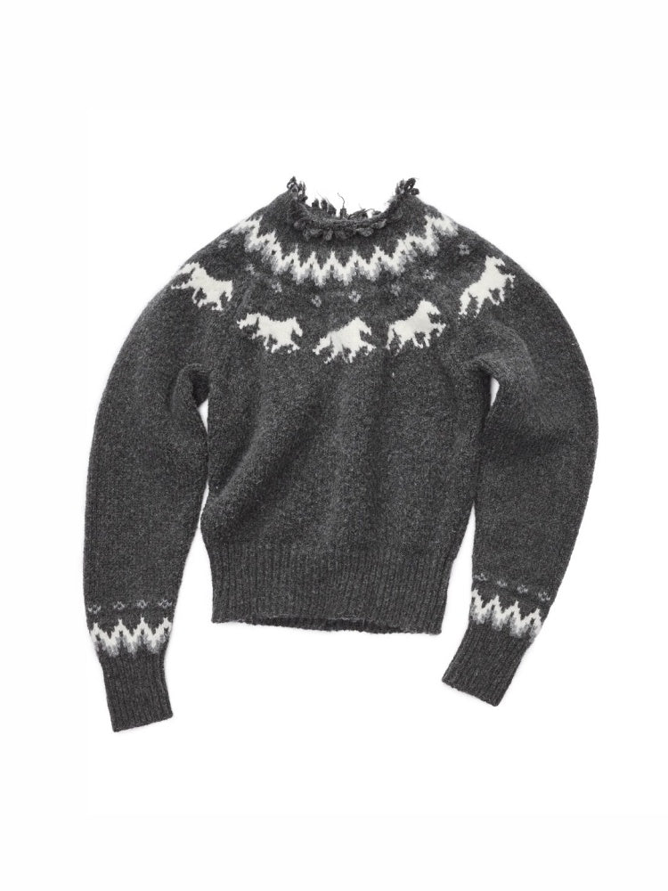 Fair Isle Pony Raglan Sleeve Knit Loose Neckline Raw Edge Design Sweater【s0000014597】