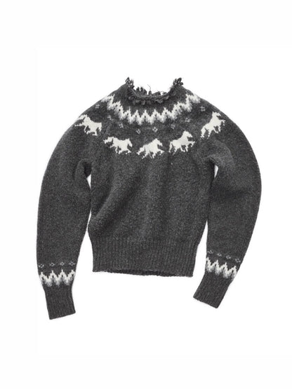 Fair Isle Pony Raglan Sleeve Knit Loose Neckline Raw Edge Design Sweater【s0000014597】