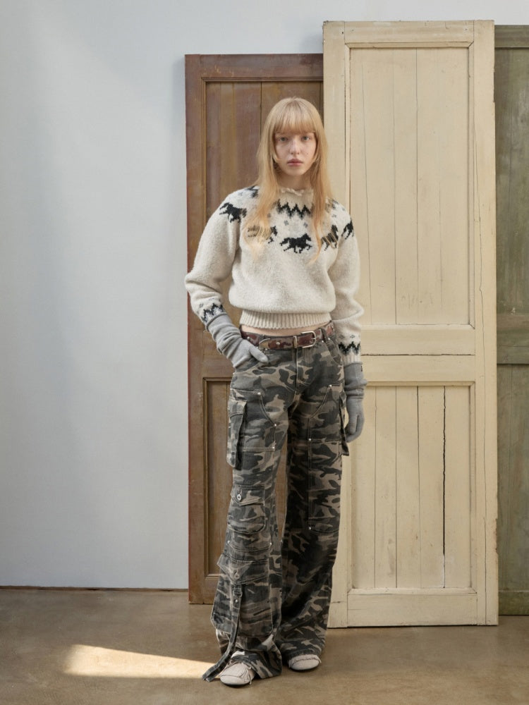 Fair Isle Pony Raglan Sleeve Knit Loose Neckline Raw Edge Design Sweater【s0000014597】