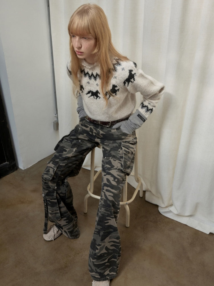 Fair Isle Pony Raglan Sleeve Knit Loose Neckline Raw Edge Design Sweater【s0000014597】