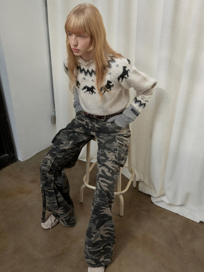 Fair Isle Pony Raglan Sleeve Knit Loose Neckline Raw Edge Design Sweater【s0000014597】