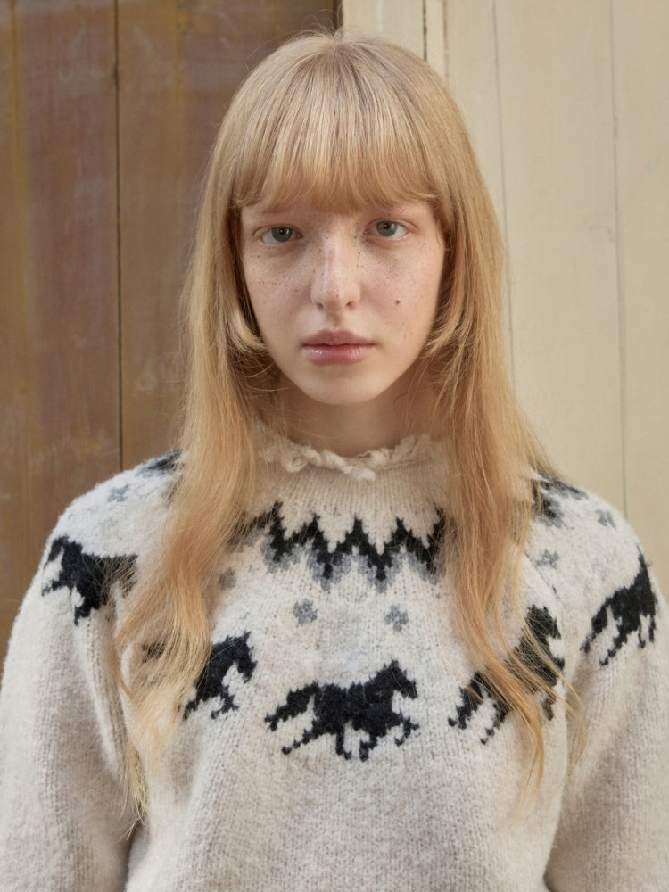 Fair Isle Pony Raglan Sleeve Knit Loose Neckline Raw Edge Design Sweater【s0000014597】