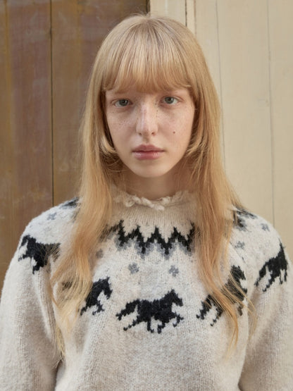 Fair Isle Pony Raglan Sleeve Knit Loose Neckline Raw Edge Design Sweater【s0000014597】