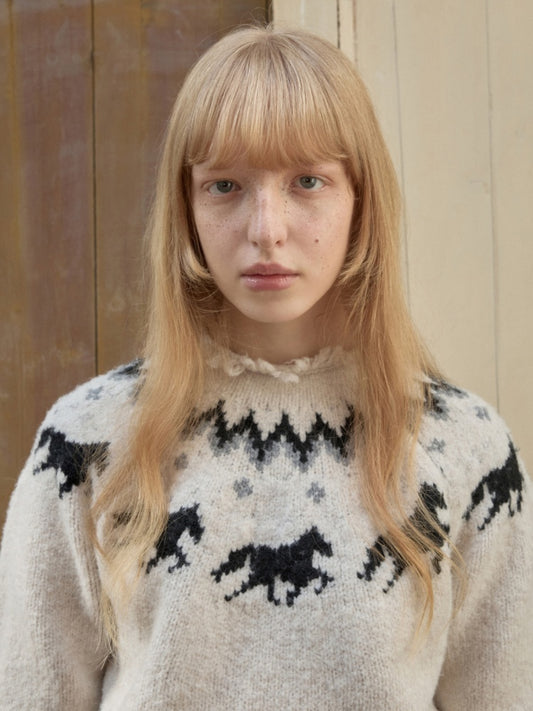 Fair Isle Pony Raglan Sleeve Knit Loose Neckline Raw Edge Design Sweater【s0000014597】