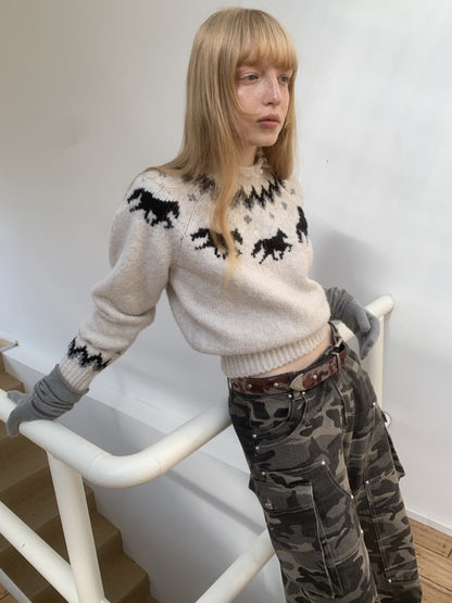 Fair Isle Pony Raglan Sleeve Knit Loose Neckline Raw Edge Design Sweater【s0000014597】