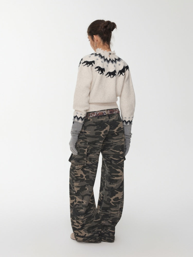Fair Isle Pony Raglan Sleeve Knit Loose Neckline Raw Edge Design Sweater【s0000014597】
