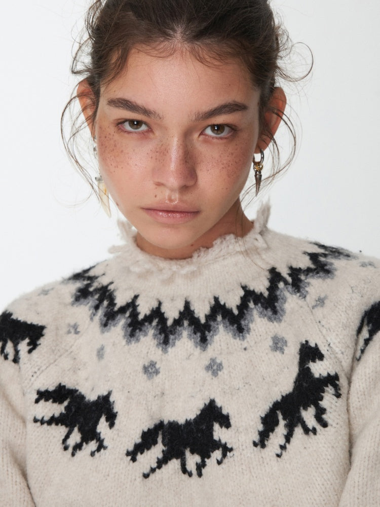 Fair Isle Pony Raglan Sleeve Knit Loose Neckline Raw Edge Design Sweater【s0000014597】