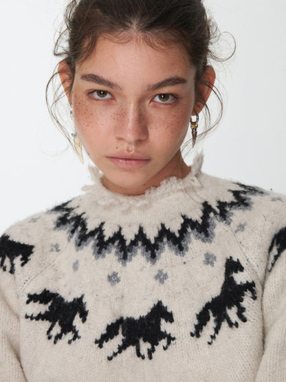 Fair Isle Pony Raglan Sleeve Knit Loose Neckline Raw Edge Design Sweater【s0000014597】