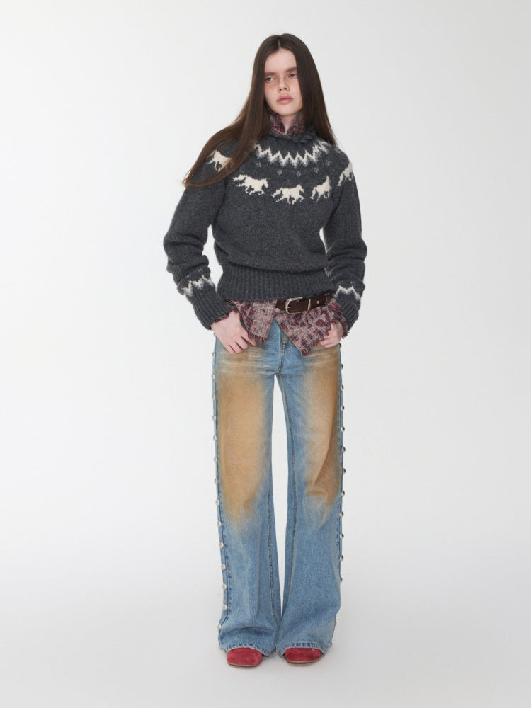 Fair Isle Pony Raglan Sleeve Knit Loose Neckline Raw Edge Design Sweater【s0000014597】
