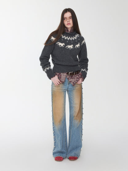 Fair Isle Pony Raglan Sleeve Knit Loose Neckline Raw Edge Design Sweater【s0000014597】