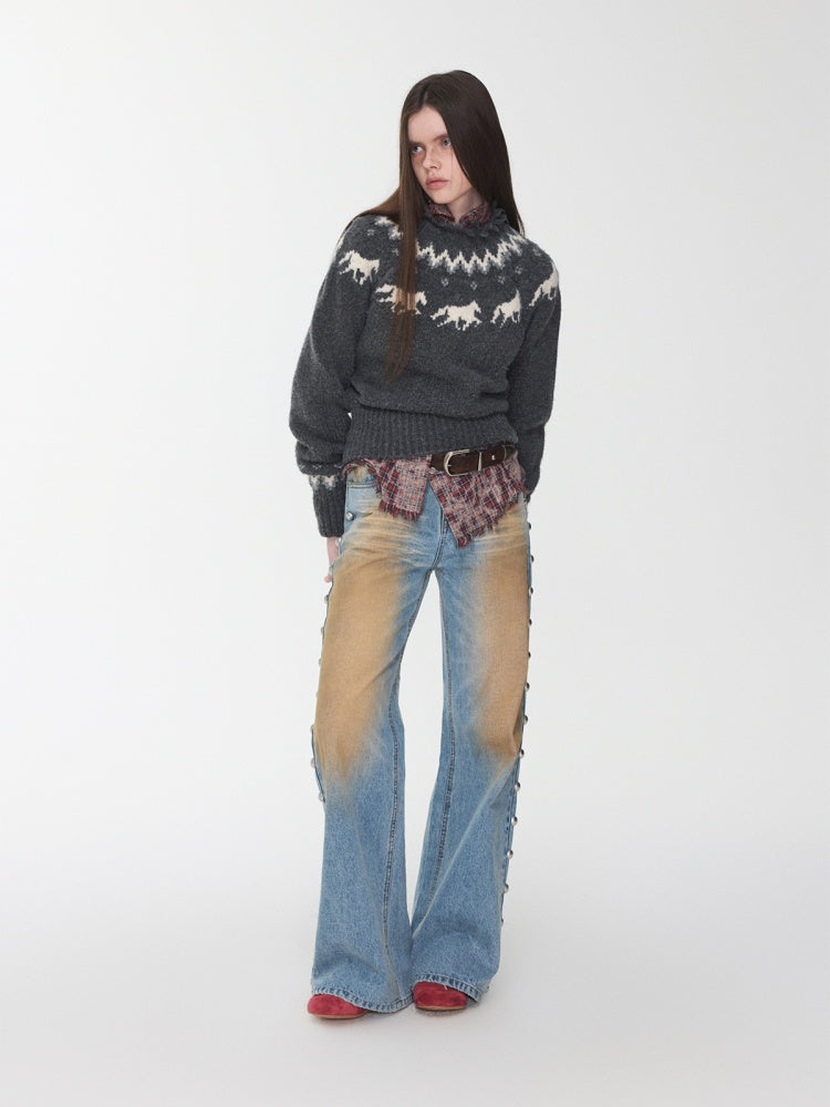 Fair Isle Pony Raglan Sleeve Knit Loose Neckline Raw Edge Design Sweater【s0000014597】