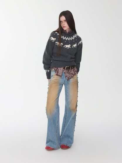 Fair Isle Pony Raglan Sleeve Knit Loose Neckline Raw Edge Design Sweater【s0000014597】
