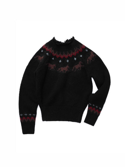 Fair Isle Pony Raglan Sleeve Knit Loose Neckline Raw Edge Design Sweater【s0000014597】