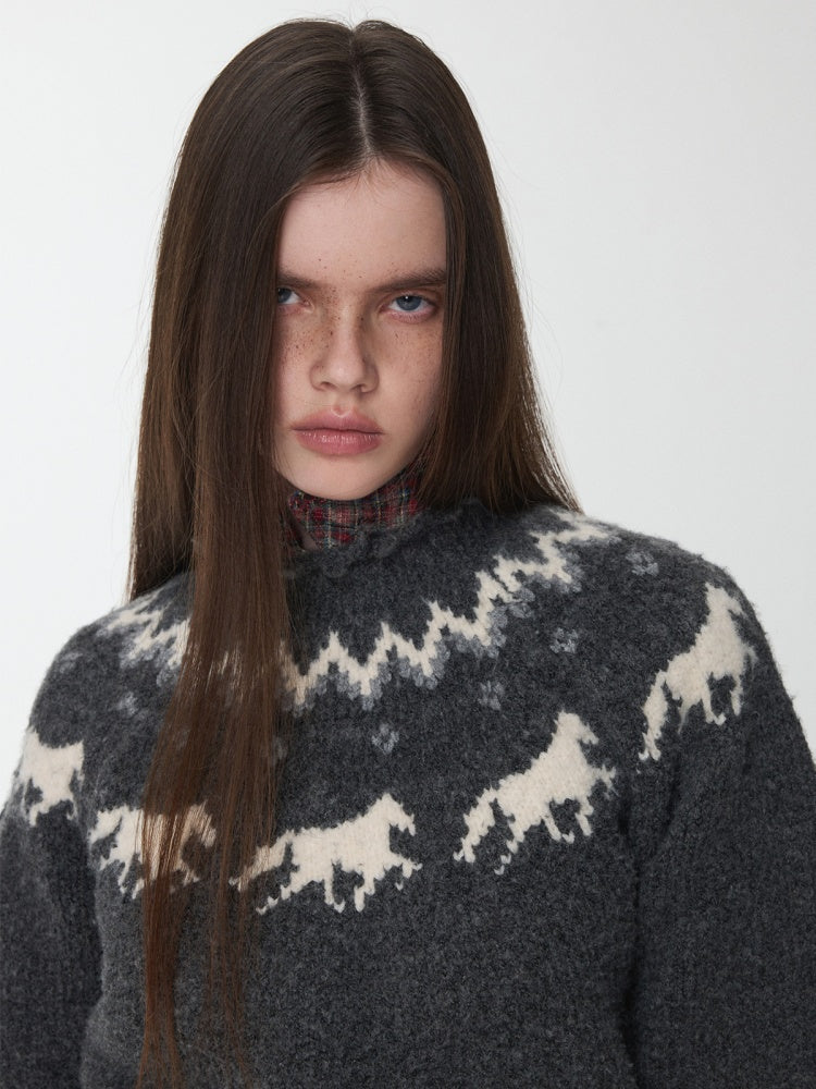 Fair Isle Pony Raglan Sleeve Knit Loose Neckline Raw Edge Design Sweater【s0000014597】