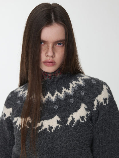 Fair Isle Pony Raglan Sleeve Knit Loose Neckline Raw Edge Design Sweater【s0000014597】