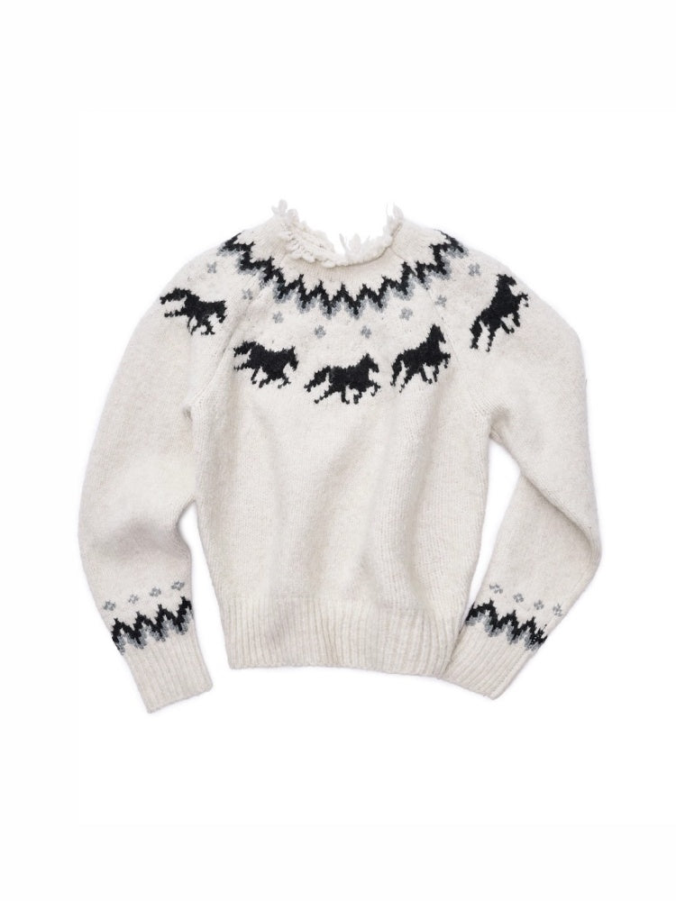 Fair Isle Pony Raglan Sleeve Knit Loose Neckline Raw Edge Design Sweater【s0000014597】