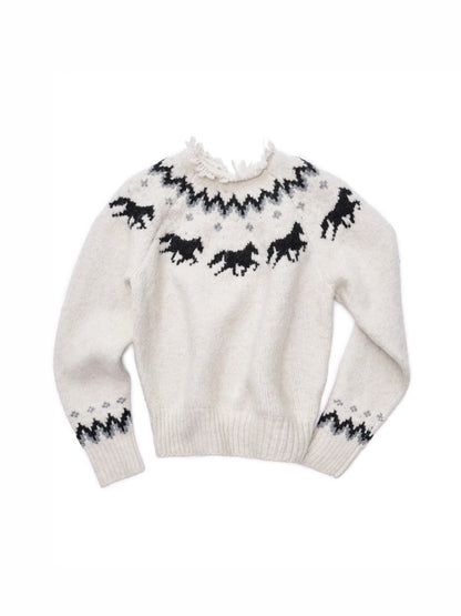 Fair Isle Pony Raglan Sleeve Knit Loose Neckline Raw Edge Design Sweater【s0000014597】