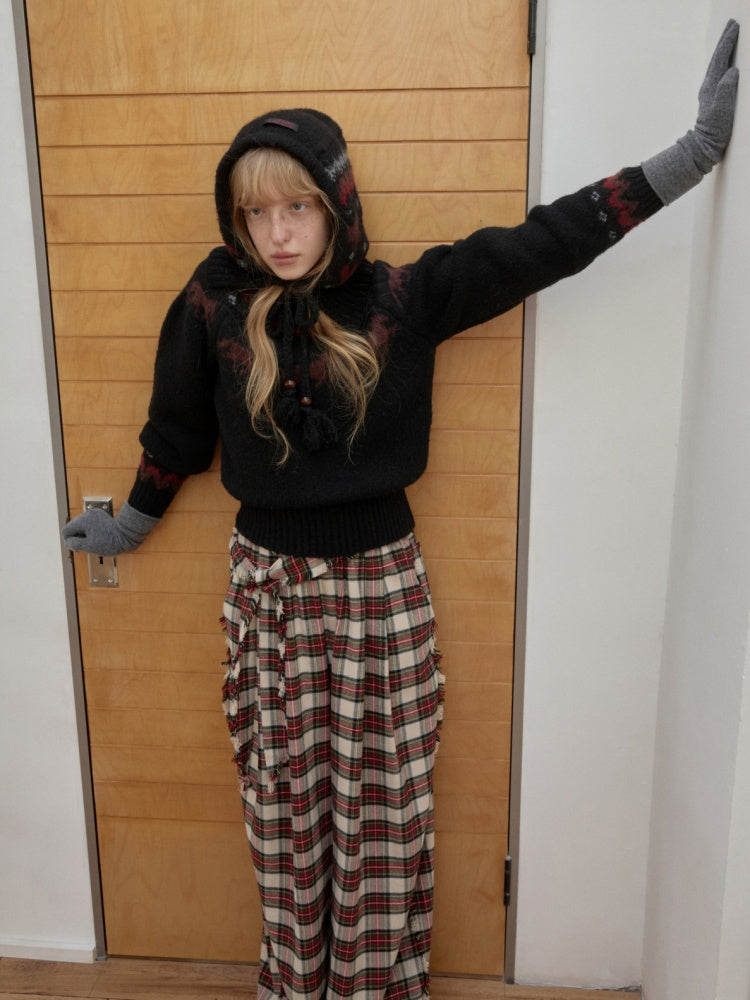 Fair Isle Pony Raglan Sleeve Knit Loose Neckline Raw Edge Design Sweater【s0000014597】