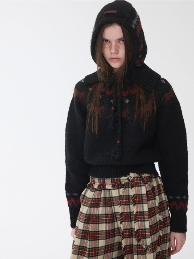 Fair Isle Pony Raglan Sleeve Knit Loose Neckline Raw Edge Design Sweater【s0000014597】