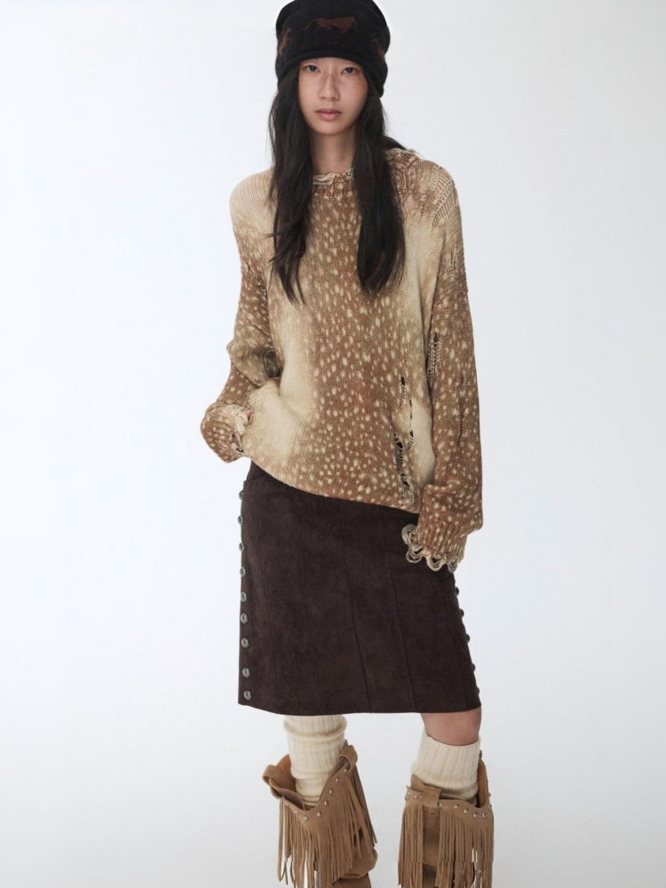 Vintage Fawn Print Cut-Out Hole Knit Lazy Loose Crew Neck Big Sweater【s0000014598】