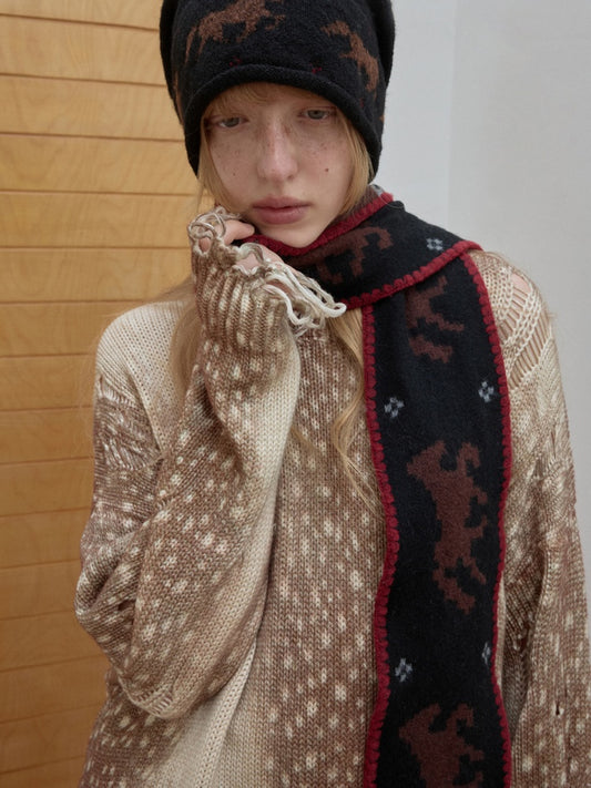 Vintage Fawn Print Cut-Out Hole Knit Lazy Loose Crew Neck Big Sweater【s0000014598】