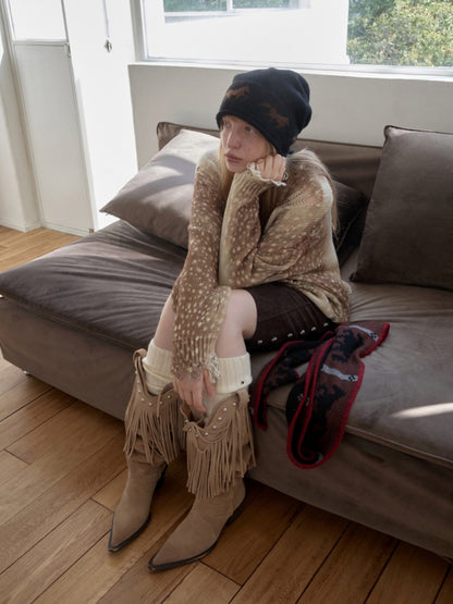 Vintage Fawn Print Cut-Out Hole Knit Lazy Loose Crew Neck Big Sweater【s0000014598】