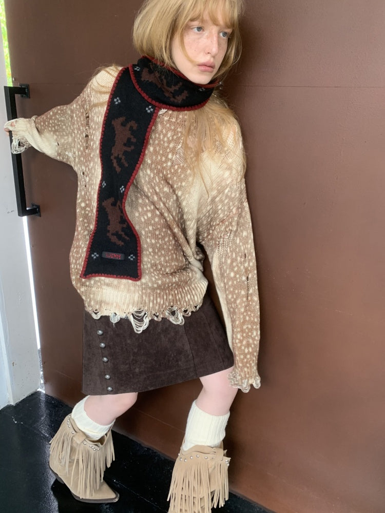 Vintage Fawn Print Cut-Out Hole Knit Lazy Loose Crew Neck Big Sweater【s0000014598】